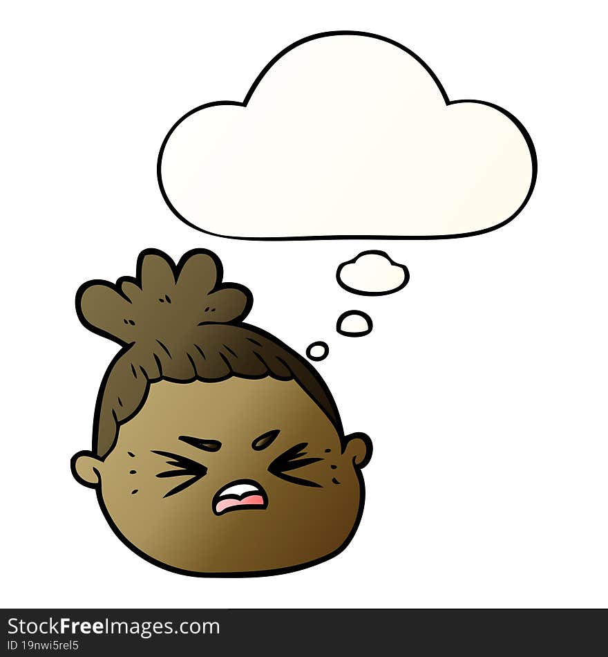 cartoon female face and thought bubble in smooth gradient style