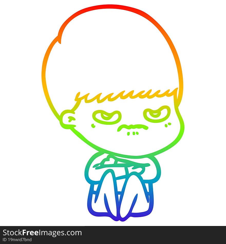 Rainbow Gradient Line Drawing Cartoon Angry Boy Sitting