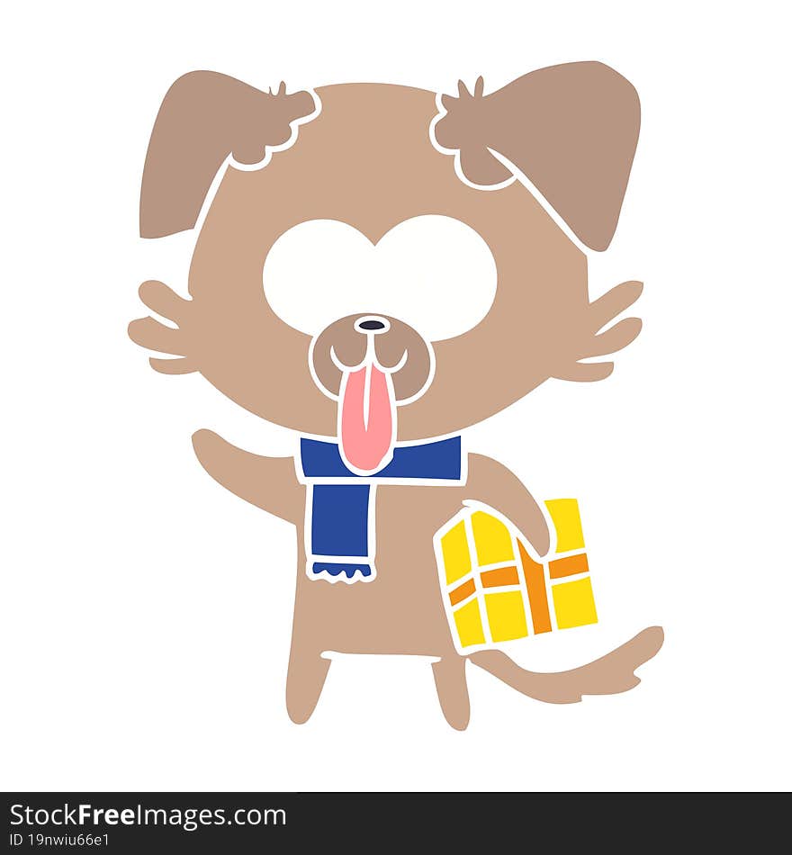 flat color style cartoon dog with christmas present