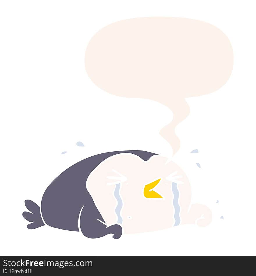 cartoon crying penguin with speech bubble in retro style