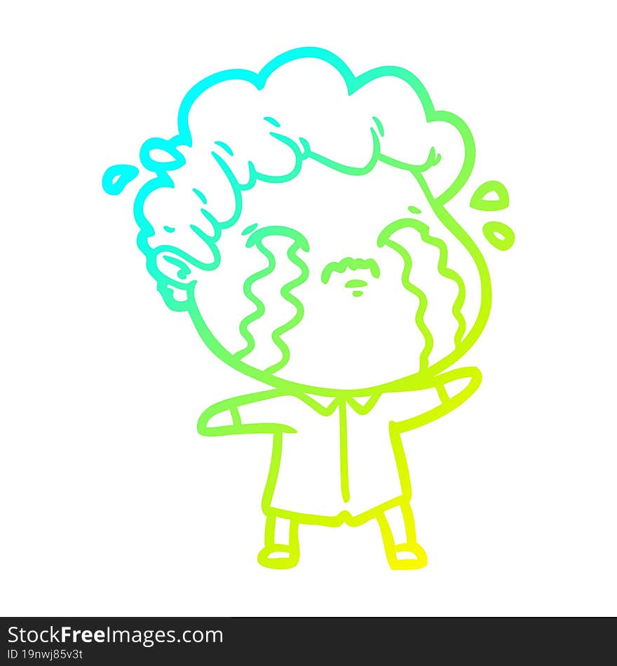 cold gradient line drawing of a cartoon man crying