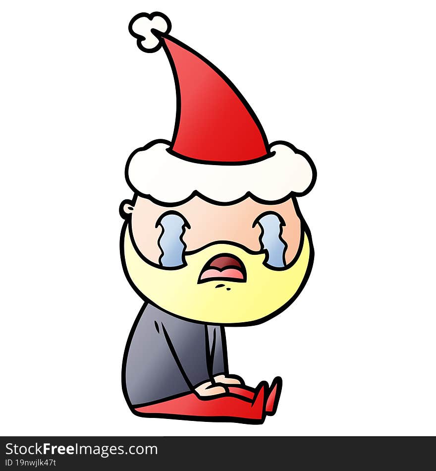 gradient cartoon of a bearded man crying wearing santa hat