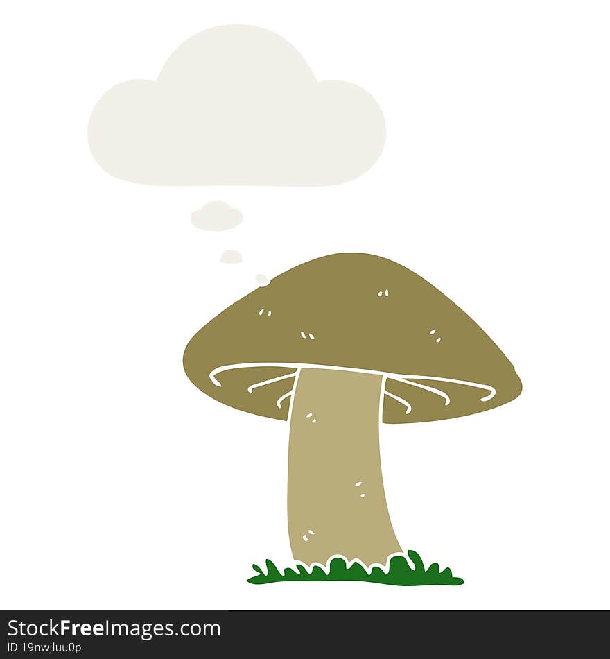 cartoon mushroom with thought bubble in retro style