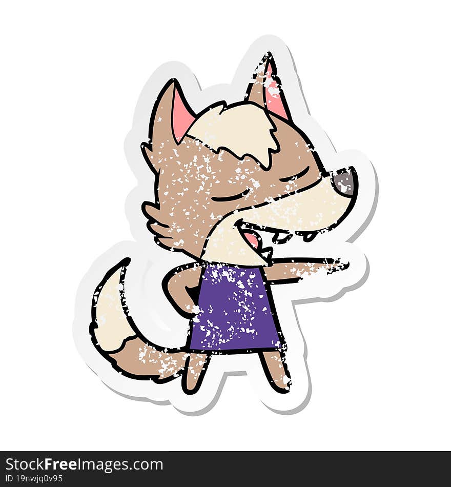 distressed sticker of a cartoon wolf laughing