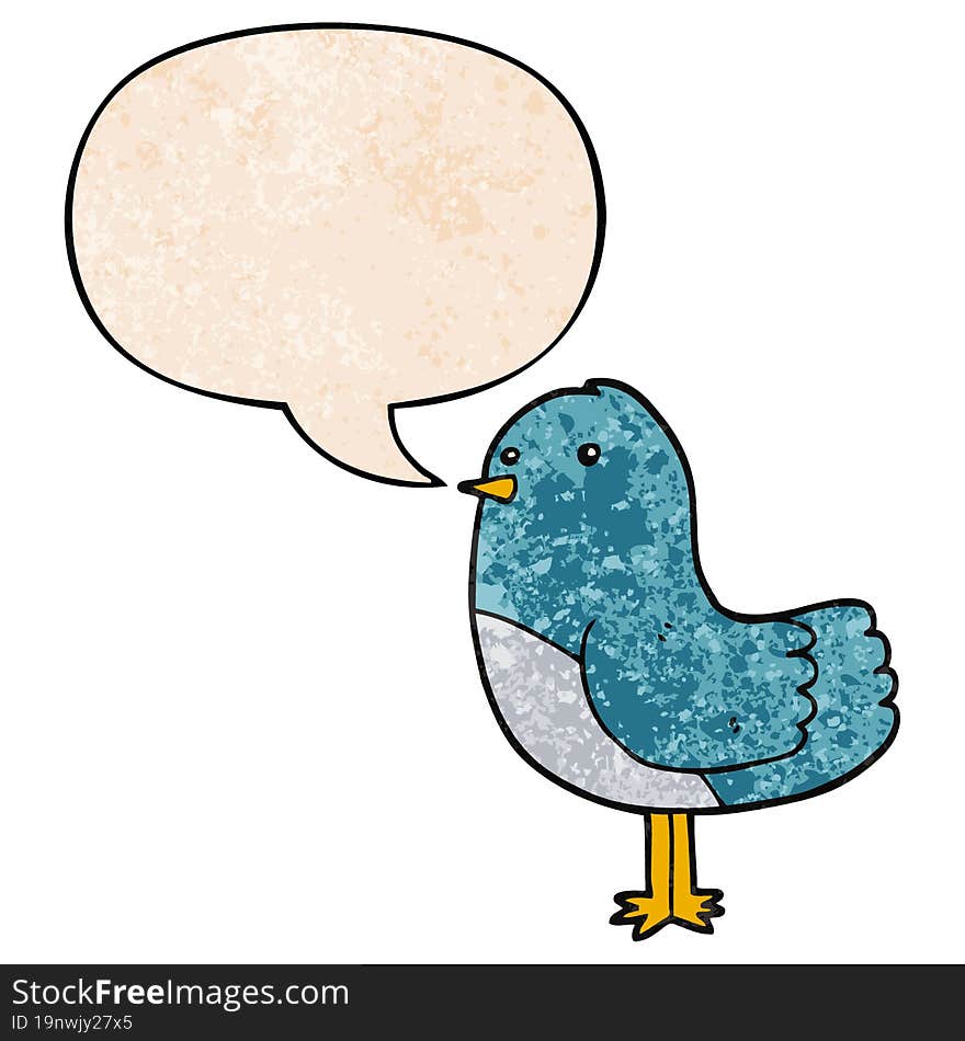 cartoon bird and speech bubble in retro texture style