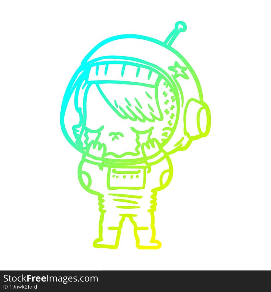 cold gradient line drawing of a cartoon crying astronaut girl