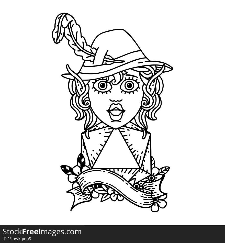 Black and White Tattoo linework Style elf bard with natural twenty dice roll. Black and White Tattoo linework Style elf bard with natural twenty dice roll