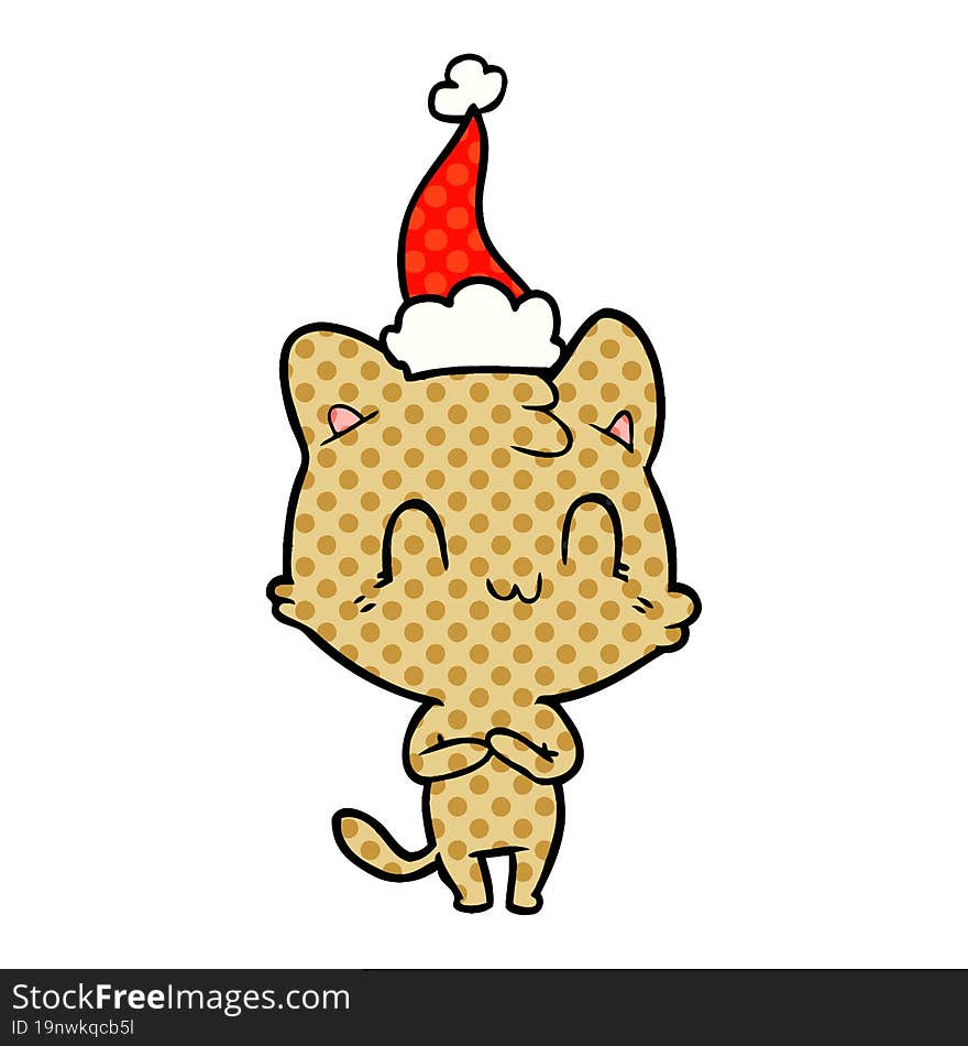 comic book style illustration of a happy cat wearing santa hat