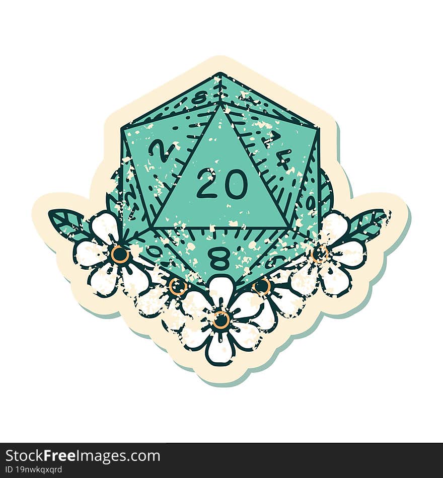 Natural 20 D20 Dice Roll With Floral Elements Illustration