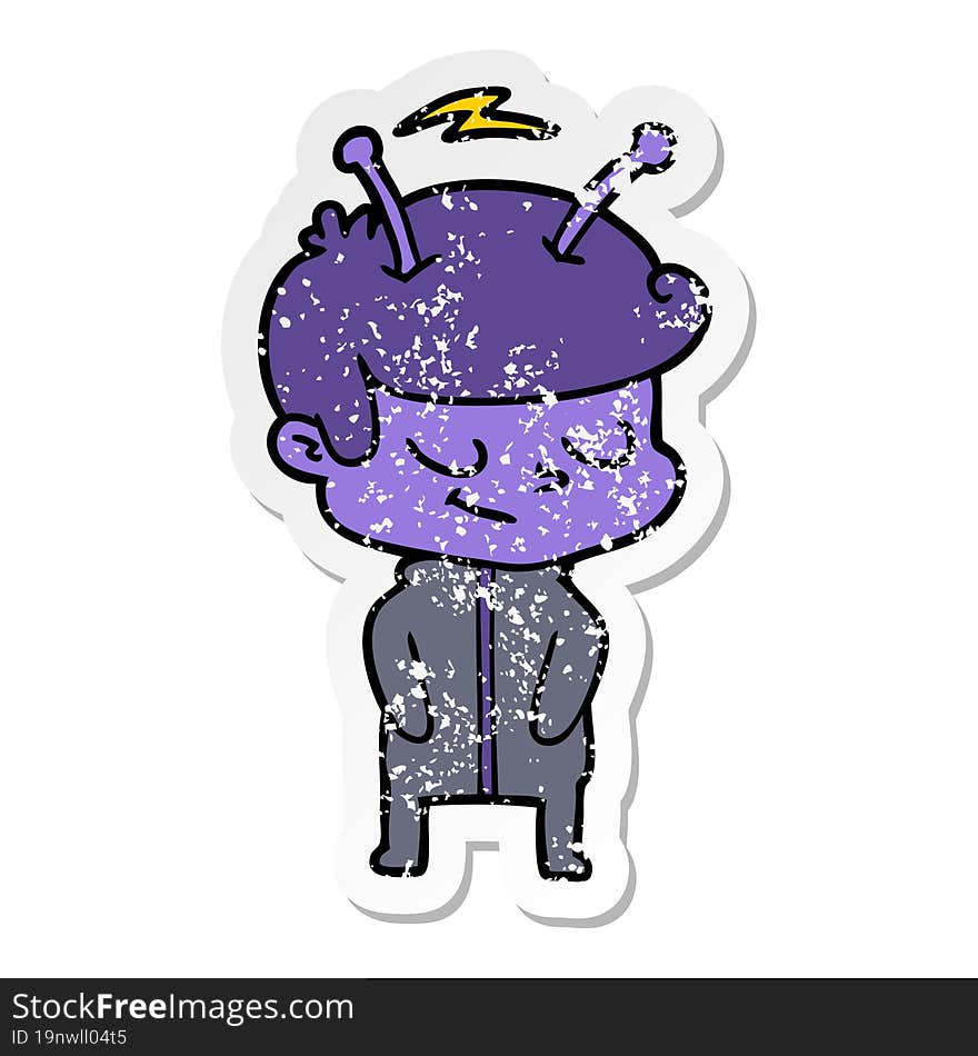 distressed sticker of a friendly cartoon spaceman