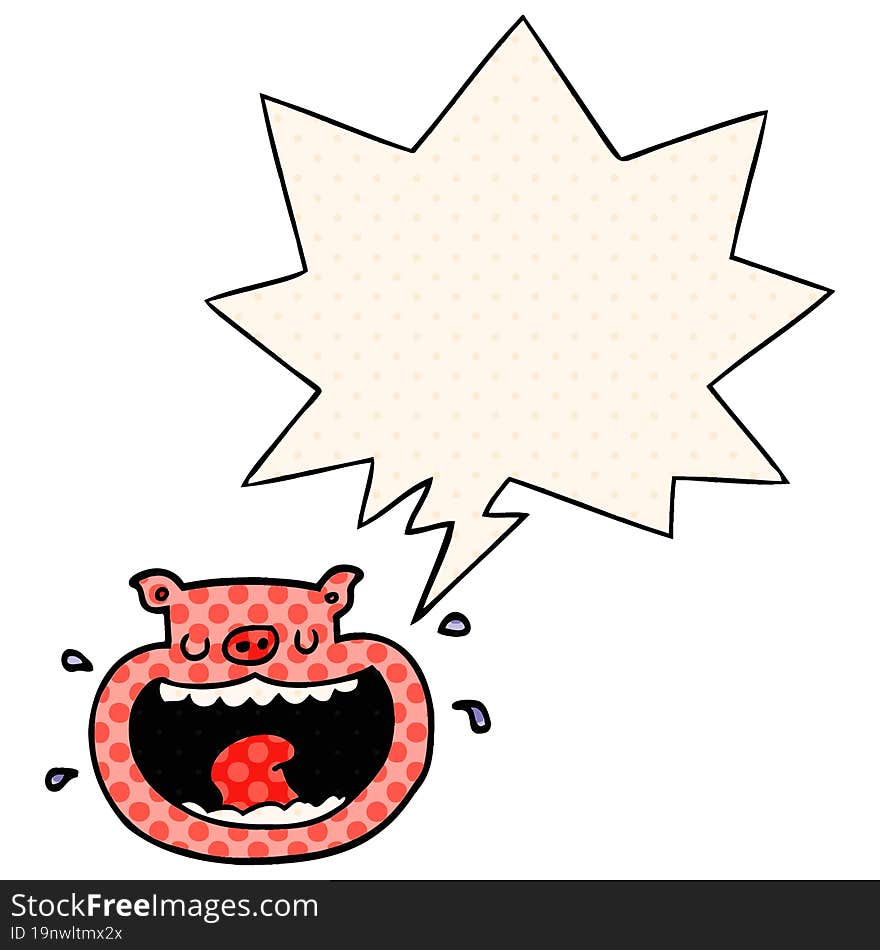 cartoon obnoxious pig and speech bubble in comic book style