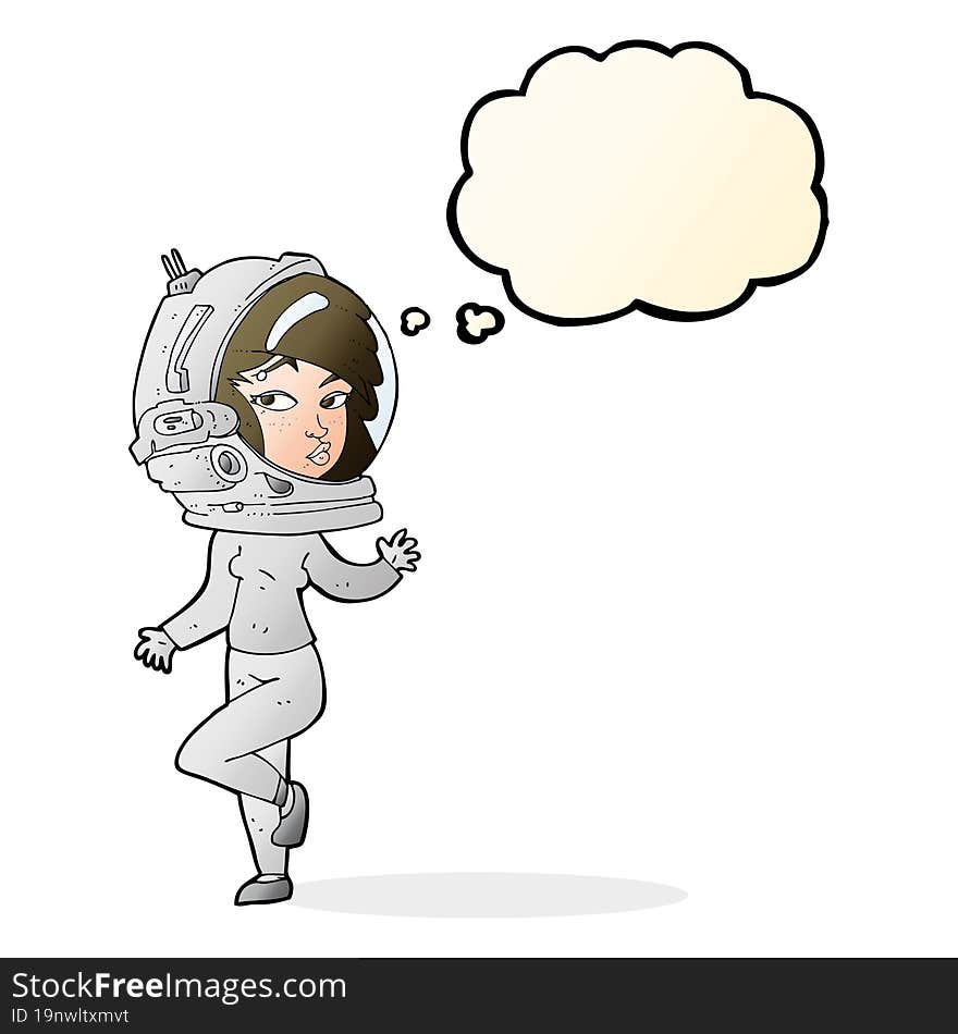 cartoon woman wearing space helmet with thought bubble