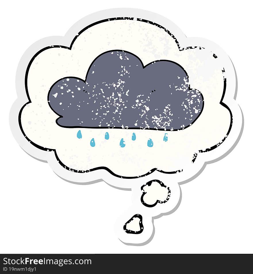 cartoon rain cloud and thought bubble as a distressed worn sticker