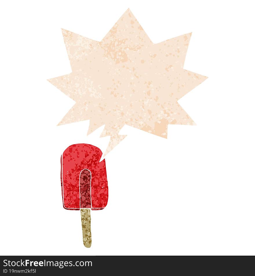 Cartoon Ice Lolly And Speech Bubble In Retro Textured Style