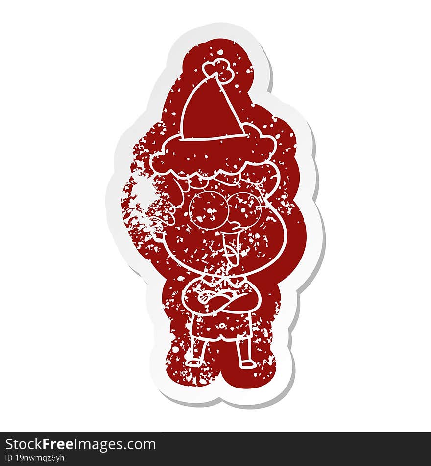 cartoon distressed sticker of a happy man wearing santa hat