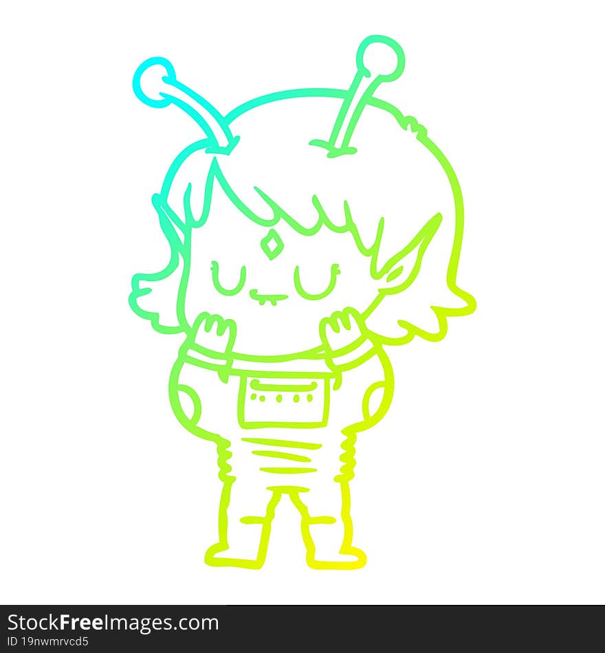 cold gradient line drawing of a cartoon alien girl