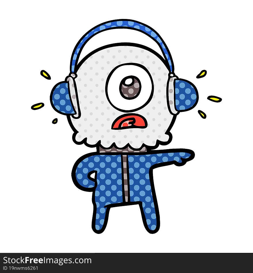 cartoon cyclops alien spaceman listening to music. cartoon cyclops alien spaceman listening to music