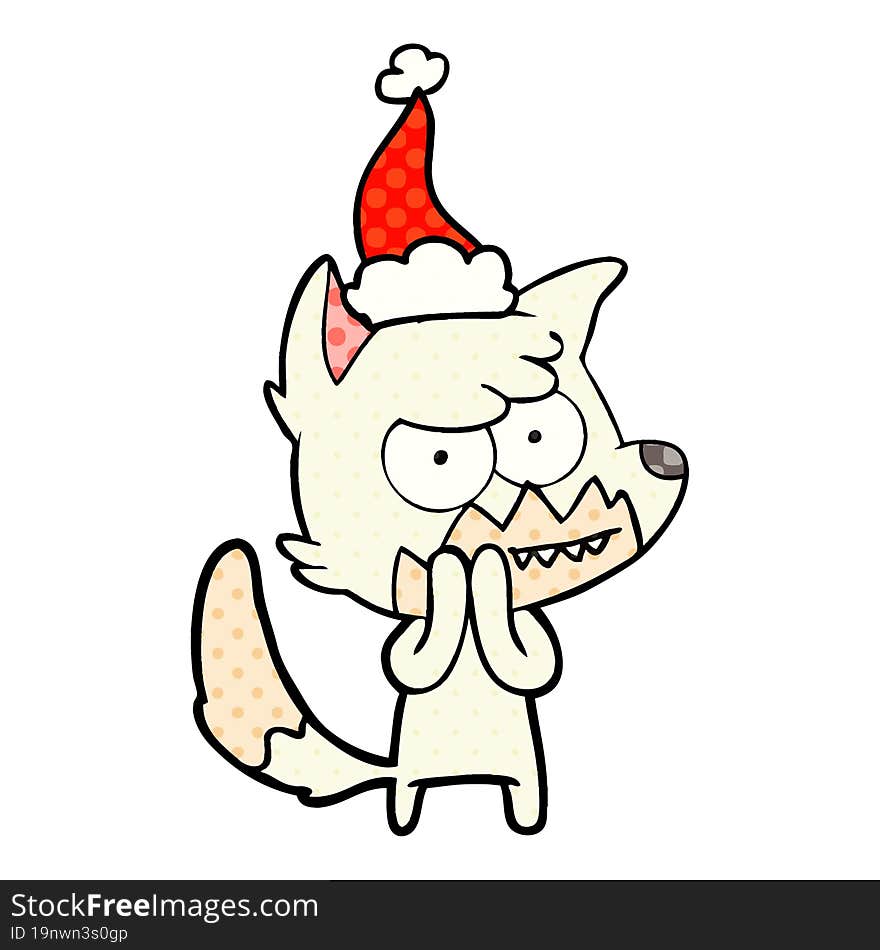 comic book style illustration of a grinning fox wearing santa hat