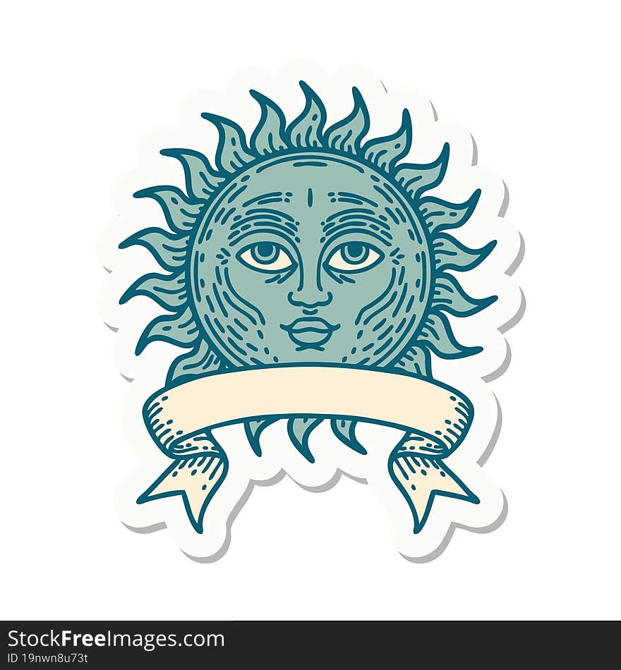 tattoo sticker with banner of a sun with face