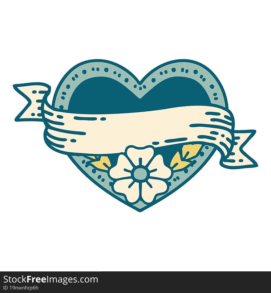 iconic tattoo style image of a heart and banner with flowers. iconic tattoo style image of a heart and banner with flowers