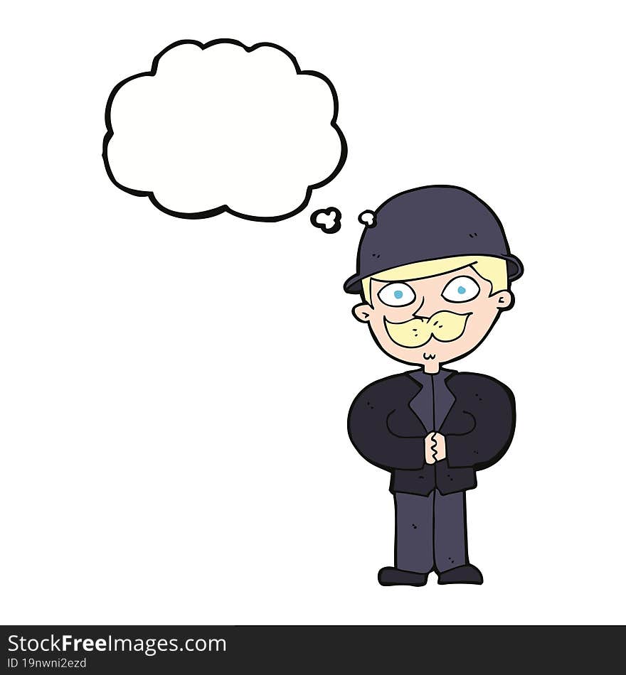 cartoon man in bowler hat with thought bubble