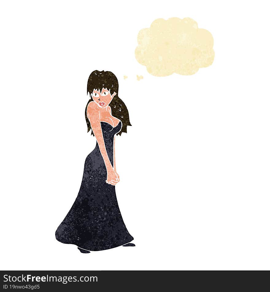 cartoon pretty woman in dress with thought bubble