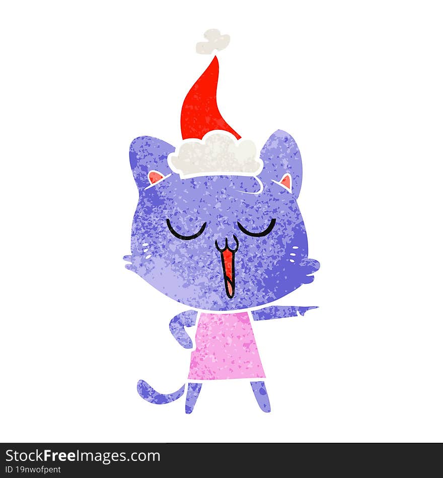 Retro Cartoon Of A Cat Singing Wearing Santa Hat