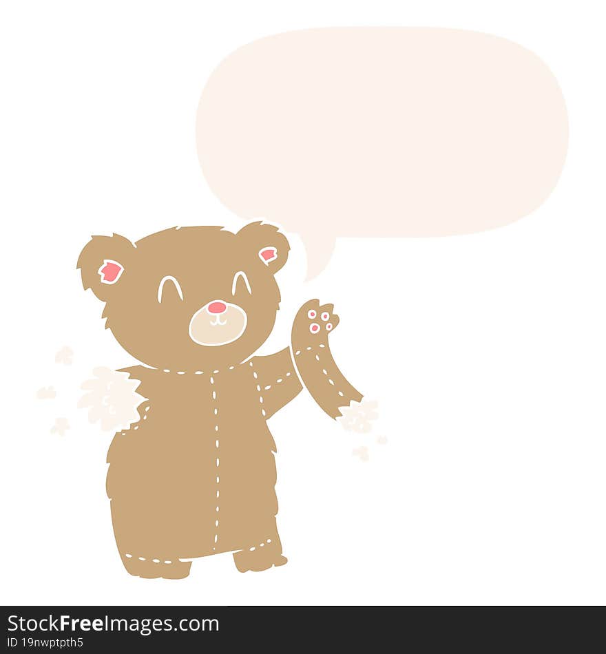 cartoon teddy bear and torn arm and speech bubble in retro style