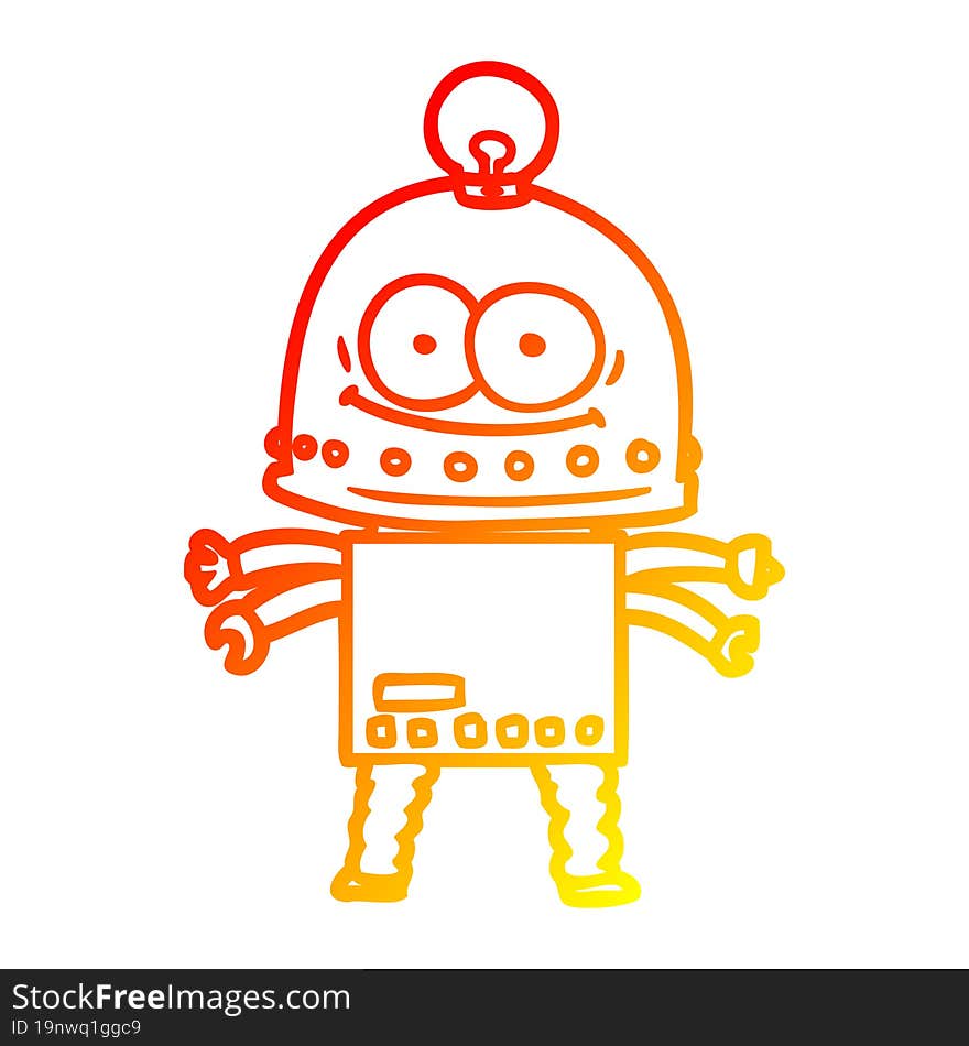 warm gradient line drawing of a happy carton robot with light bulb