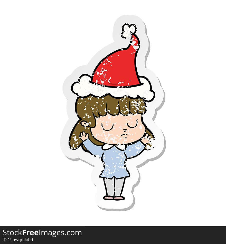 Distressed Sticker Cartoon Of A Indifferent Woman Wearing Santa Hat