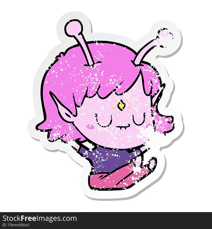 distressed sticker of a cartoon alien girl