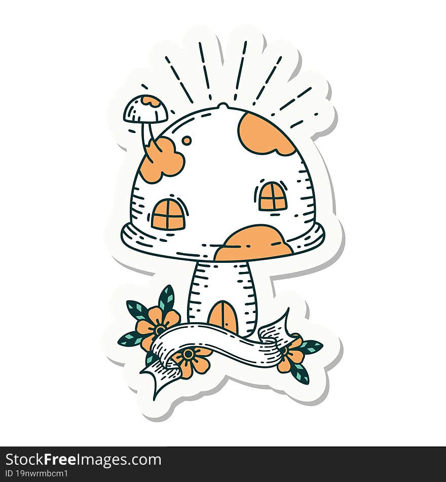 sticker of tattoo style toadstool house