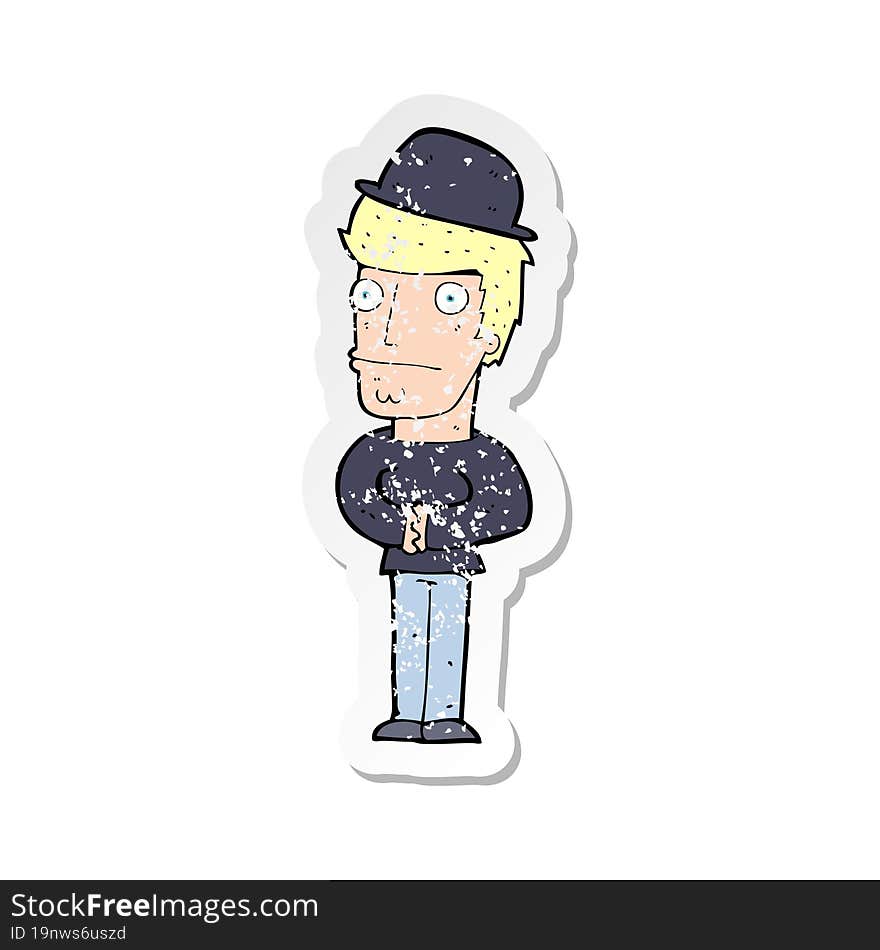 retro distressed sticker of a cartoon worried man wearing hat