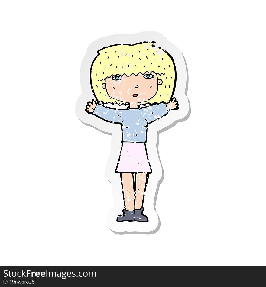 retro distressed sticker of a cartoon woman raising arms in air