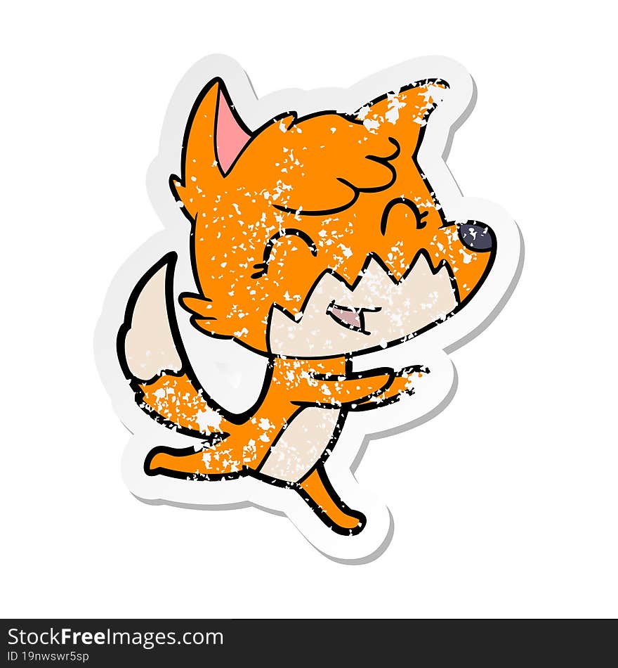 distressed sticker of a happy cartoon fox