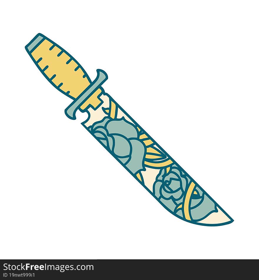 iconic tattoo style image of a dagger and flowers. iconic tattoo style image of a dagger and flowers