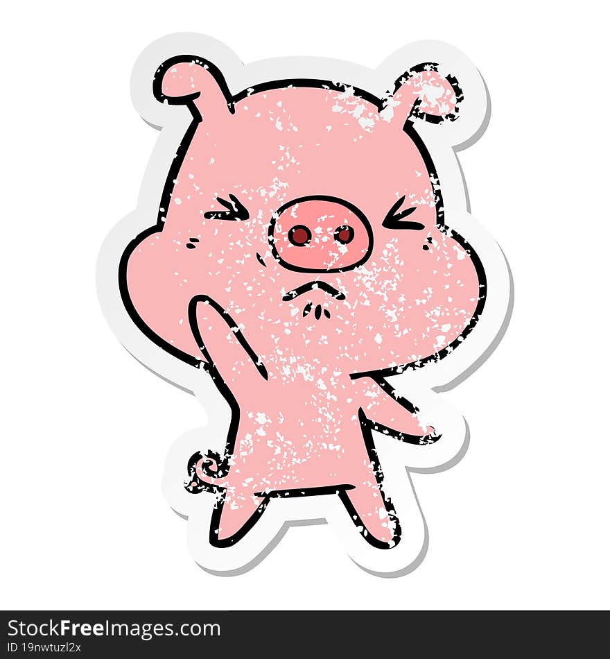 Distressed Sticker Of A Cartoon Angry Pig