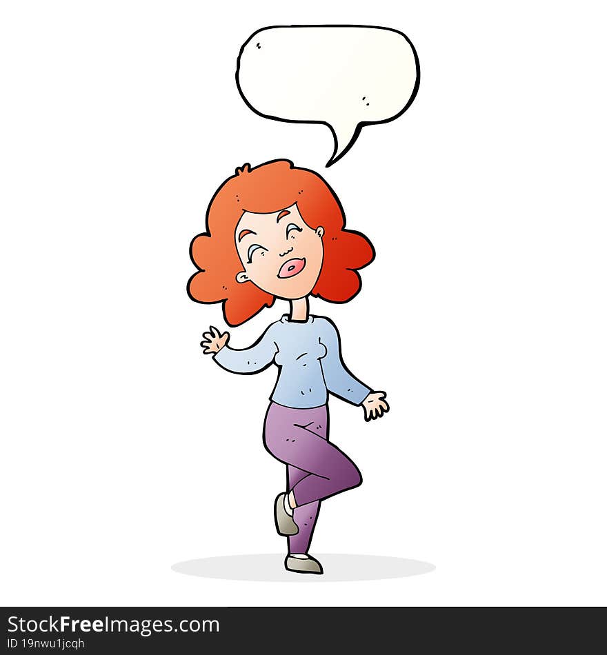 cartoon happy woman dancing with speech bubble