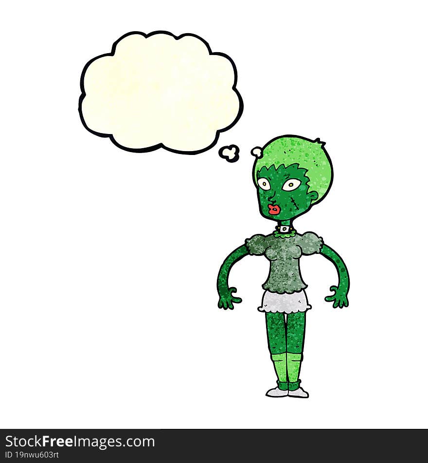 cartoon zombie monster woman with thought bubble