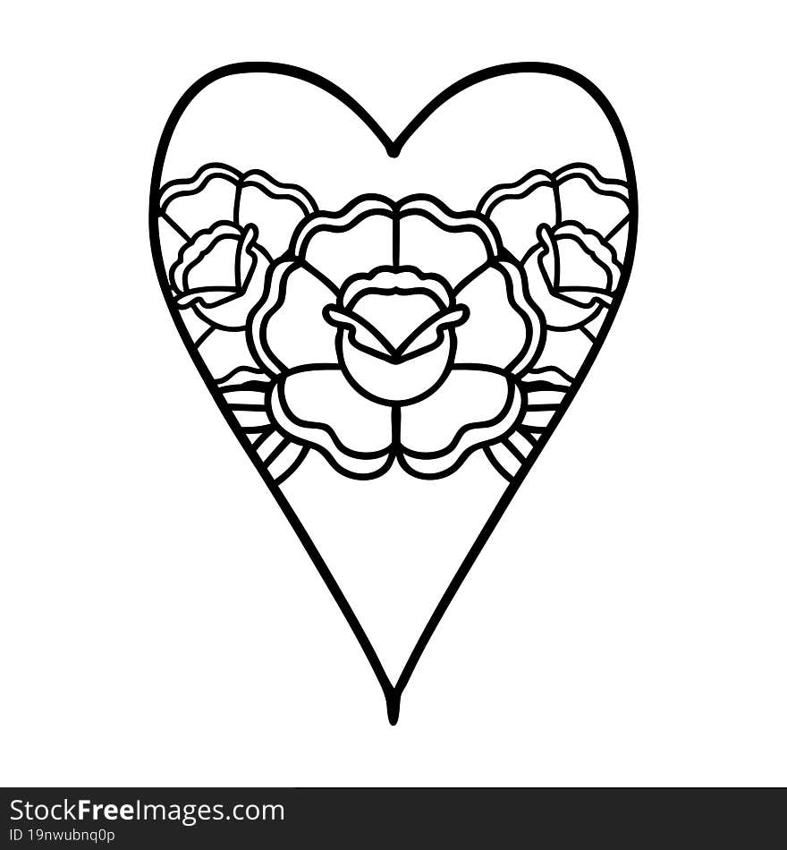 Black Line Tattoo Of A Heart And Flowers