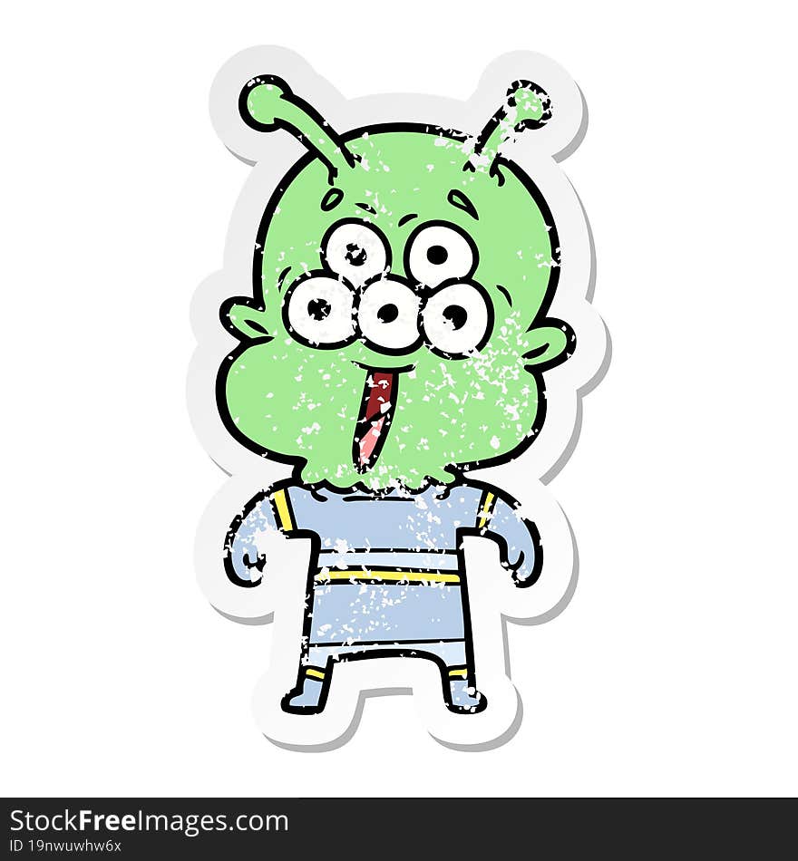 distressed sticker of a happy cartoon alien