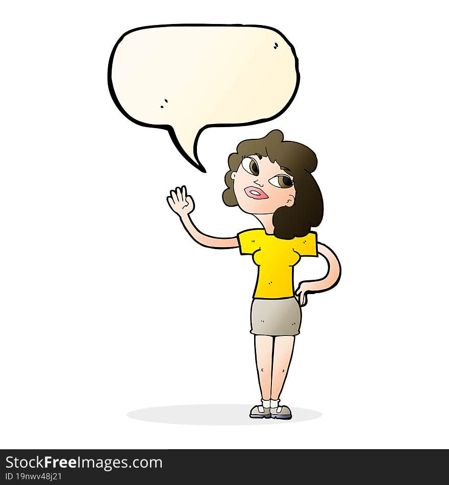 cartoon woman waving  with speech bubble