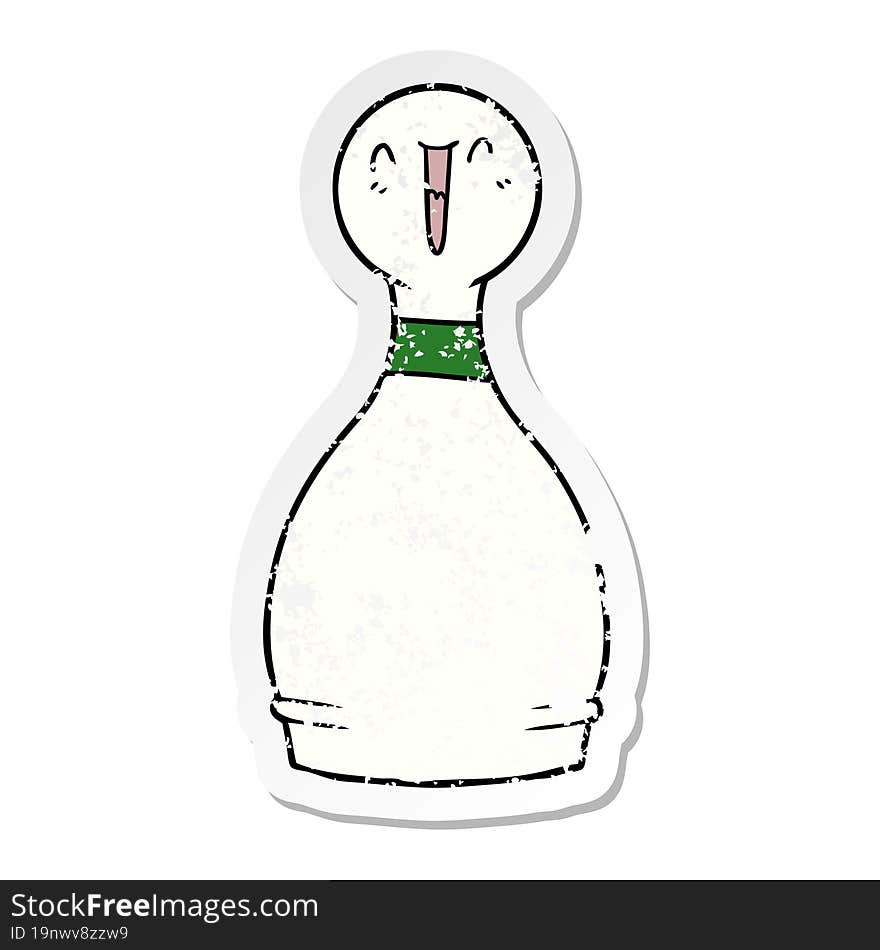 distressed sticker of a cartoon happy bowling pin