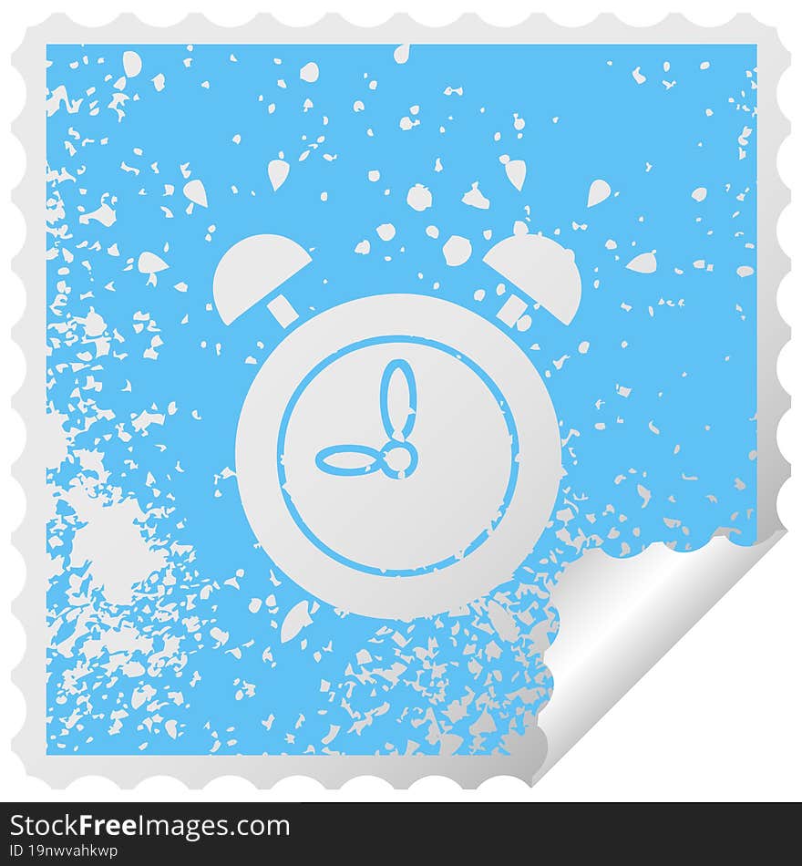 distressed square peeling sticker symbol of a ringing alarm clock