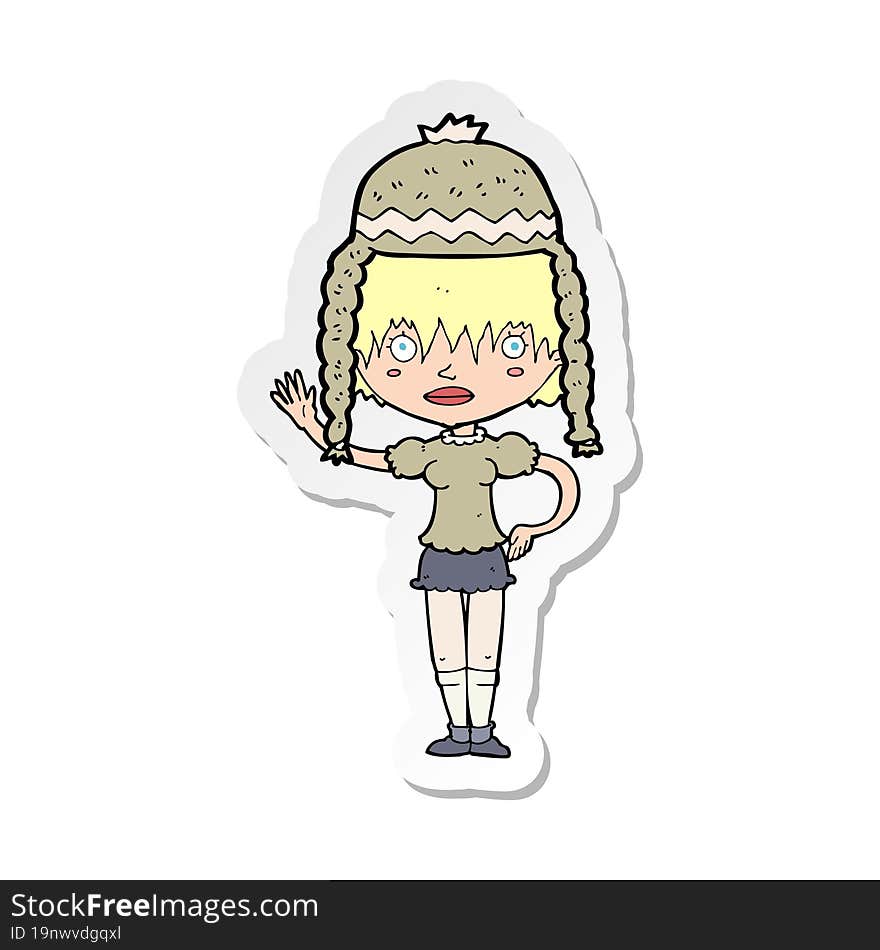 Sticker Of A Cartoon Woman Wearing Winter Hat