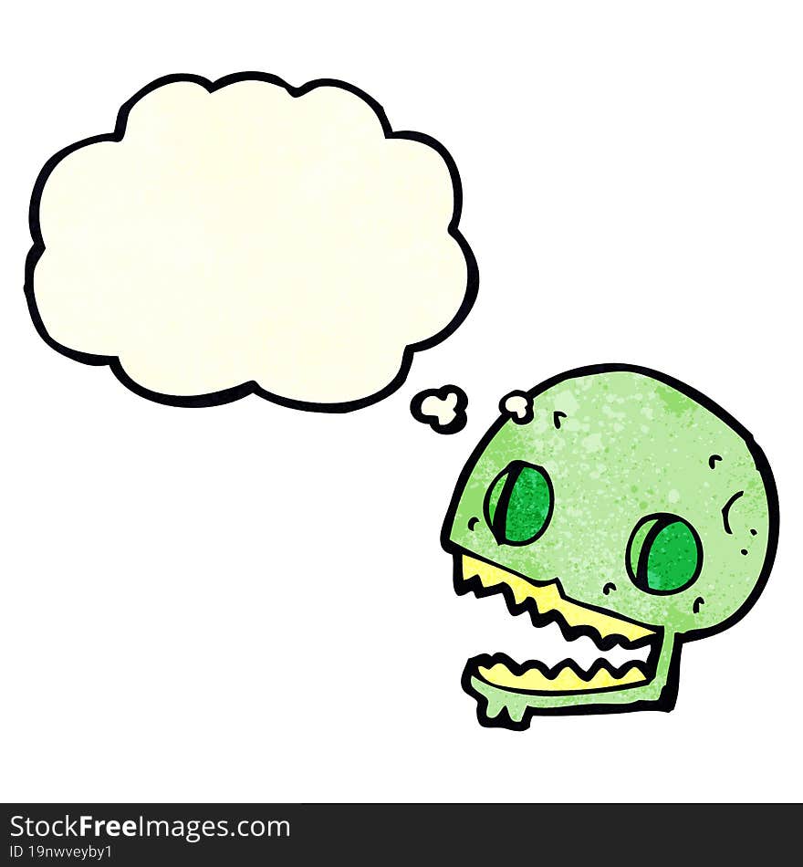 cartoon spooky skull with thought bubble