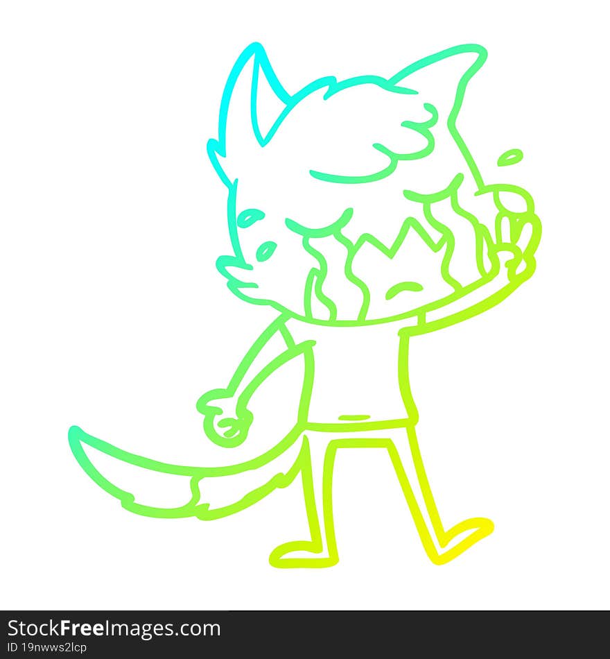 cold gradient line drawing of a crying waving fox cartoon