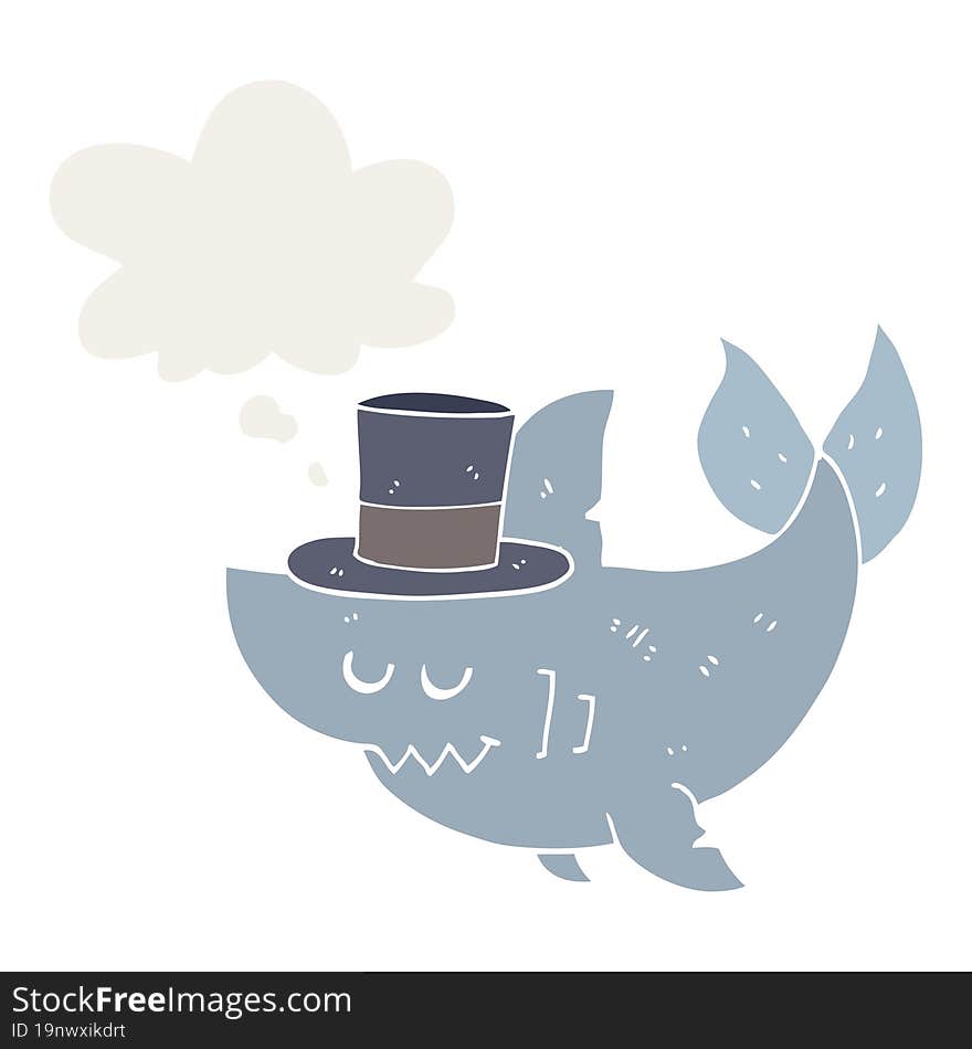 cartoon shark wearing top hat and thought bubble in retro style