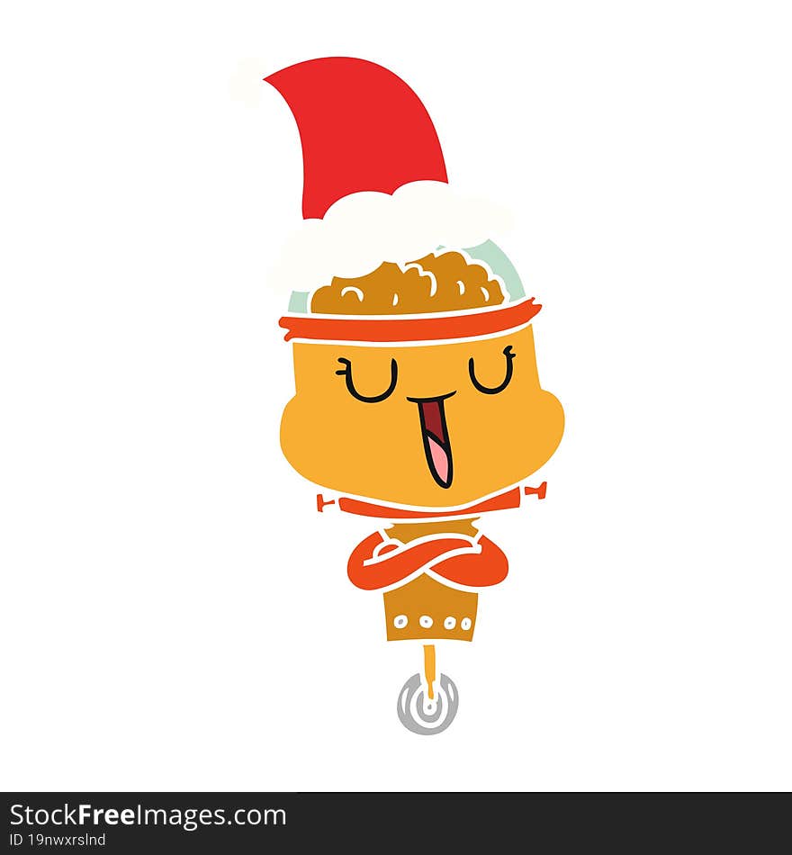 happy hand drawn flat color illustration of a robot wearing santa hat. happy hand drawn flat color illustration of a robot wearing santa hat