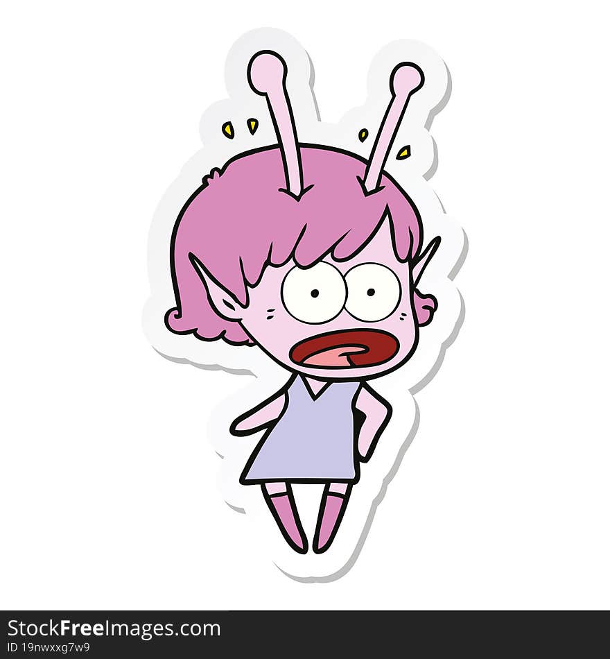 sticker of a cartoon shocked alien girl